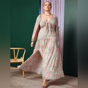 Tie Front Maxi Dress Gardenia Floral Green Long Sleeve